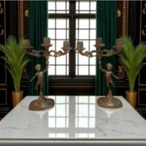 Matching Pair of Vintage Brass Cherub Candelabras - Candlestick Holders
